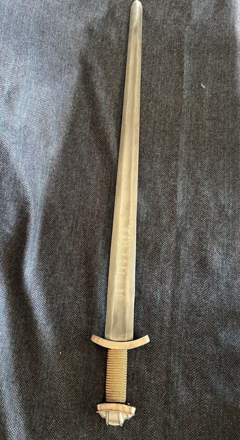 Finished River Witham sword reconstruction displayed vertically