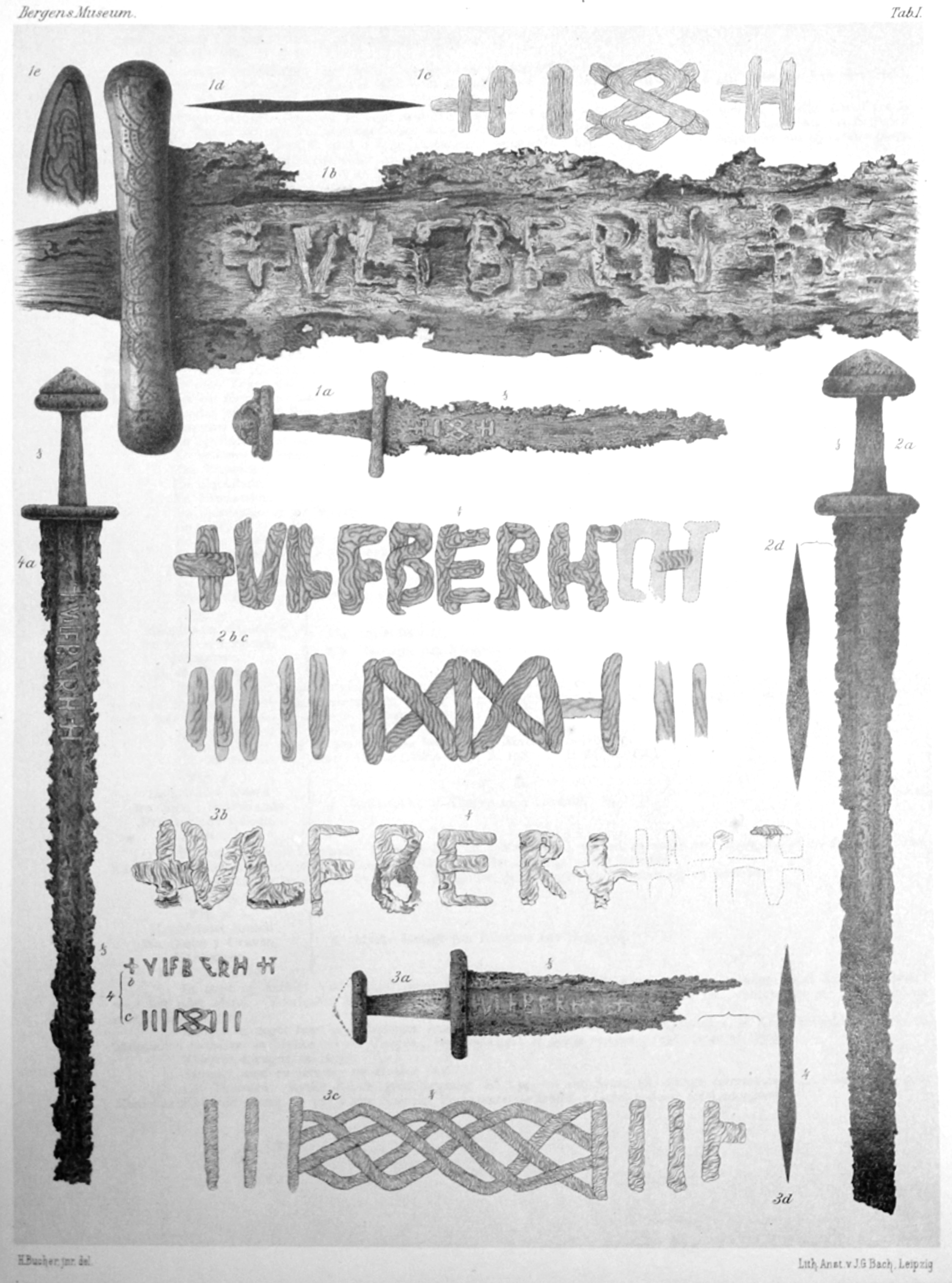 Anders Lorange's 1889 drawings of four early medieval swords from Bergen Museum